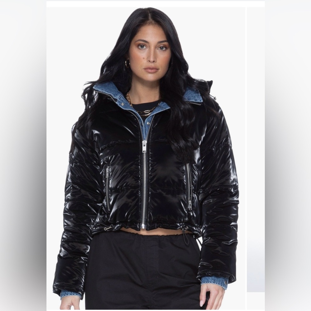 BLUE REVIVAL In The Mix Denim Shiny Puffer Jacket in Black / Denim Size Medium